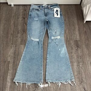 Blue Flare Wide‎ Leg Jeans with Distressed Hem